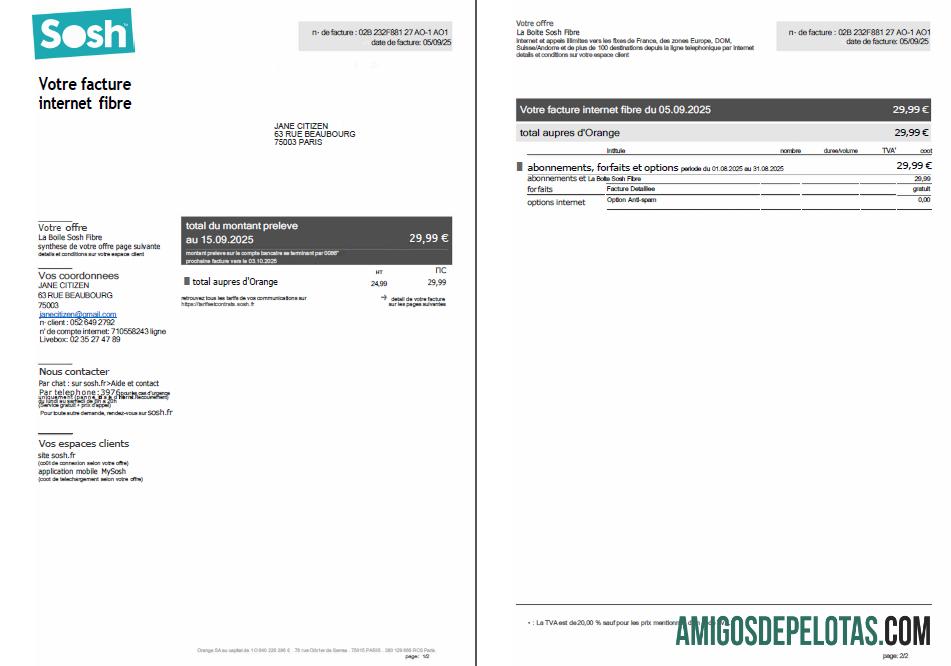 em branco Modelo de conta de serviços públicos Sosh da França em formatos Word e PDF, 2 páginas